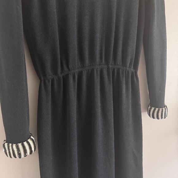 St. John By Marie Gray Vintage Black Beaded Trim Collar and Cuff Knit Dress 4 - Picture 3 of 14